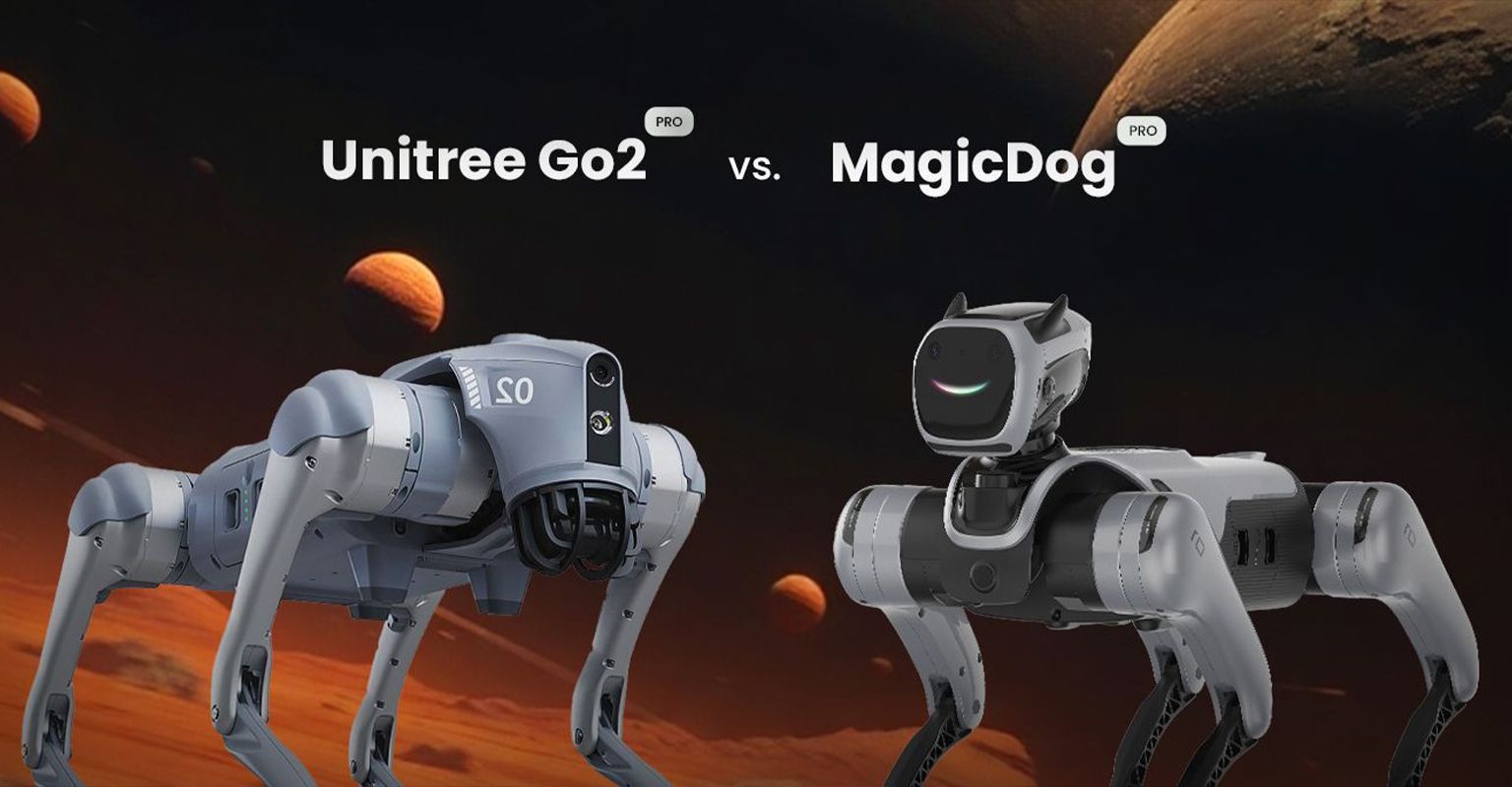 Unitree Go2 und Magicdog Pro im direkten Vergleich vor futuristischer Marslandschaft, quadratisches Layout