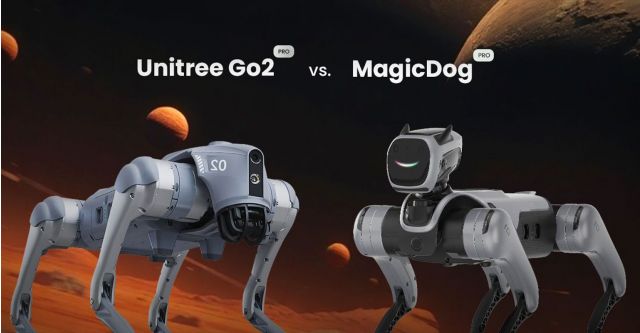 Unitree Go2 und Magicdog Pro im direkten Vergleich vor futuristischer Marslandschaft, quadratisches Layout