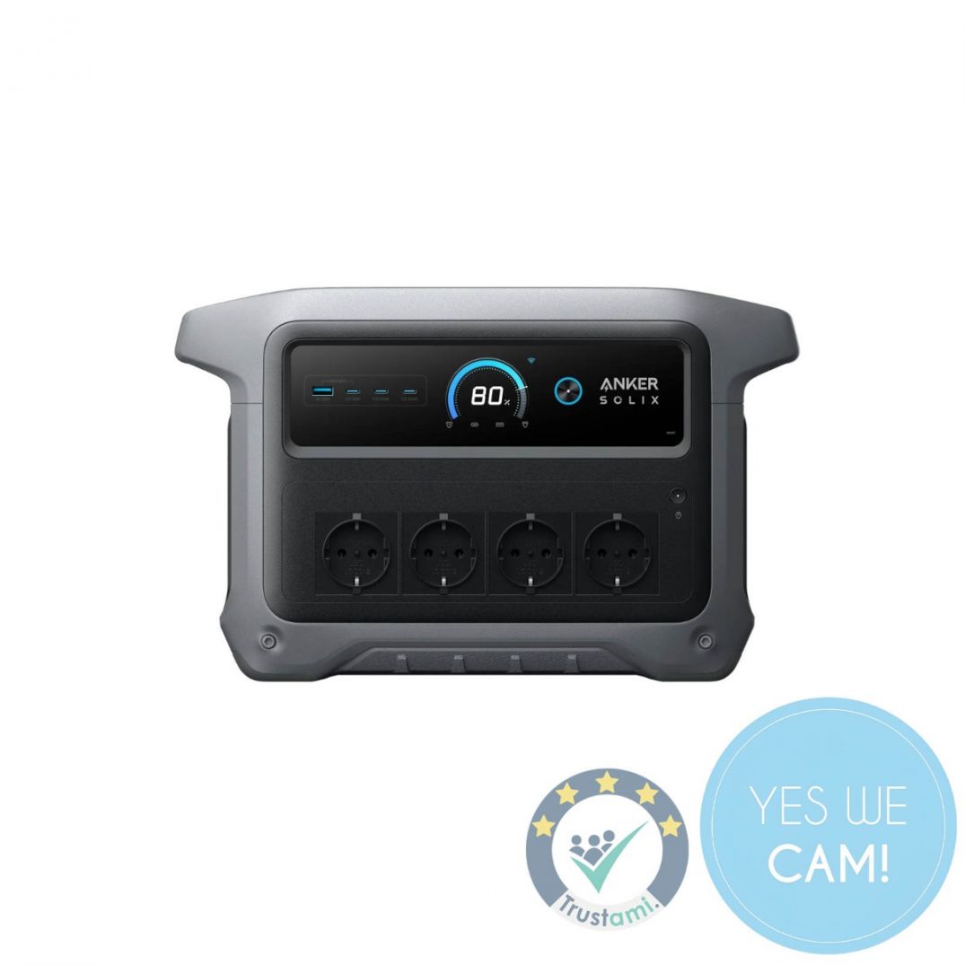 Anker Solix C1000X GEN 2 Powerstation in der Frontansicht mit Display und vier AC-Steckdosen