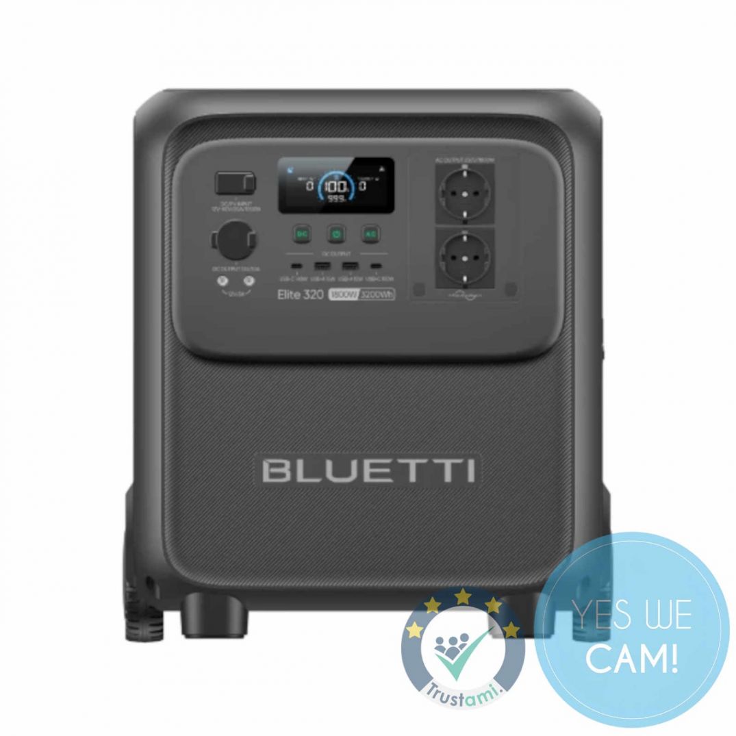 Frontansicht der BLUETTI Elite 320 Powerstation mit Display und AC-Anschluessen