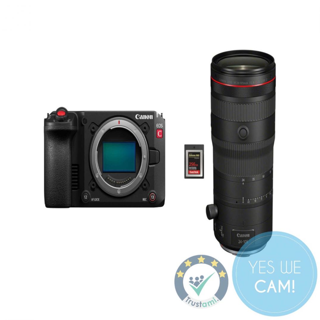 Canon EOS C50 Cinema Bundle mit RF 24-105mm F2.8 L IS USM Z Objektiv und 256 GB CFexpress Type B Speicherkarte, Frontansicht