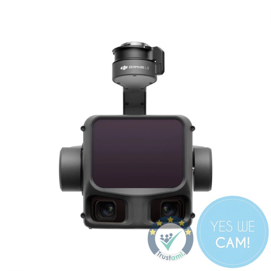 DJI Zenmuse L3 in Frontansicht mit LiDAR Sensor, zwei Kameraobjektiven und Gimbalhalterung.