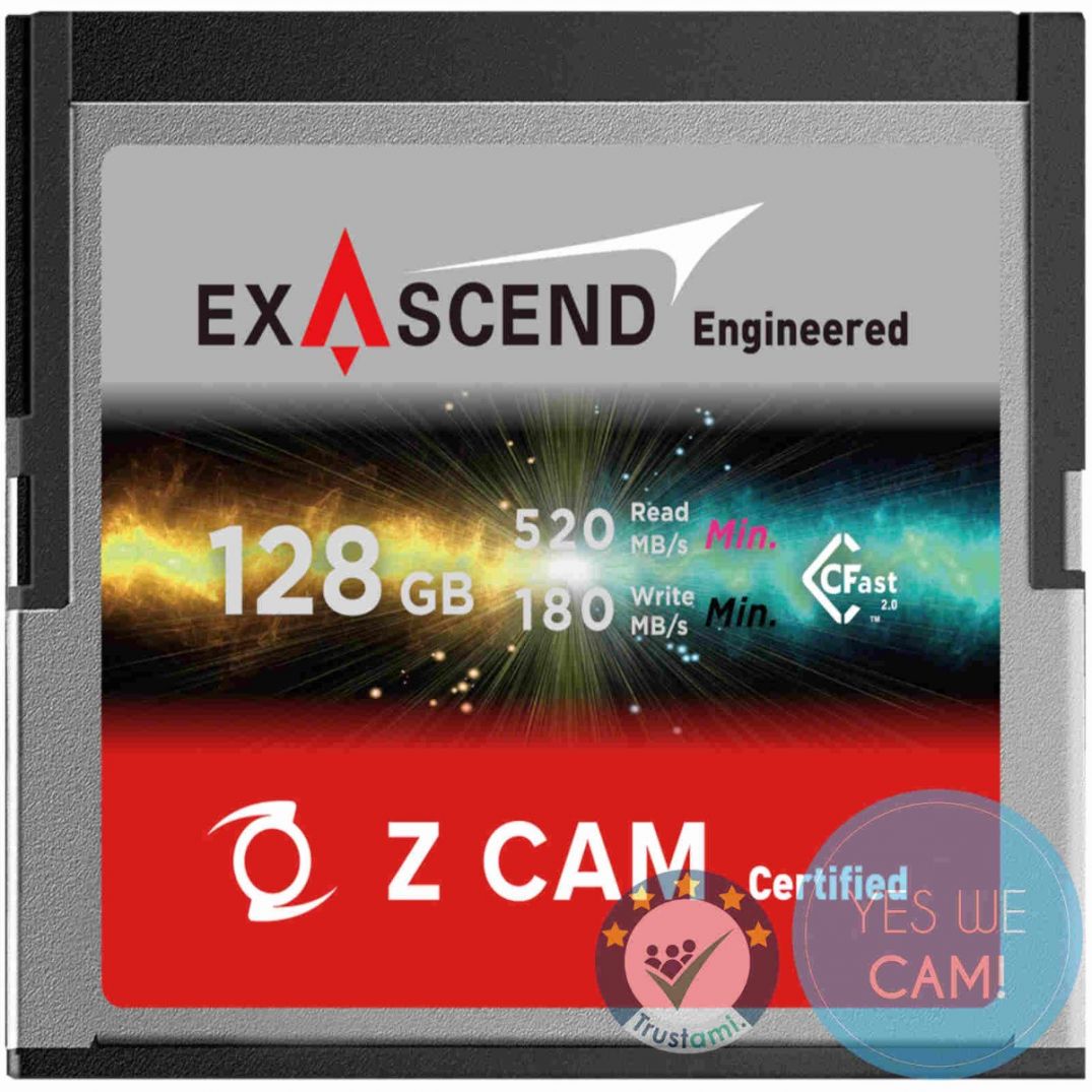 Exascend Cinema CFast 128GB Speicherkarte als Produktfreisteller in Vorderansicht mit Z CAM Certified Kennzeichnung