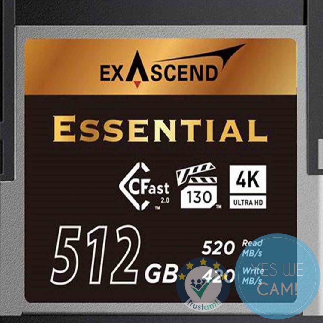 Exascend Essential CFast 2.0 Speicherkarte mit 512GB und VPG130 Frontansicht