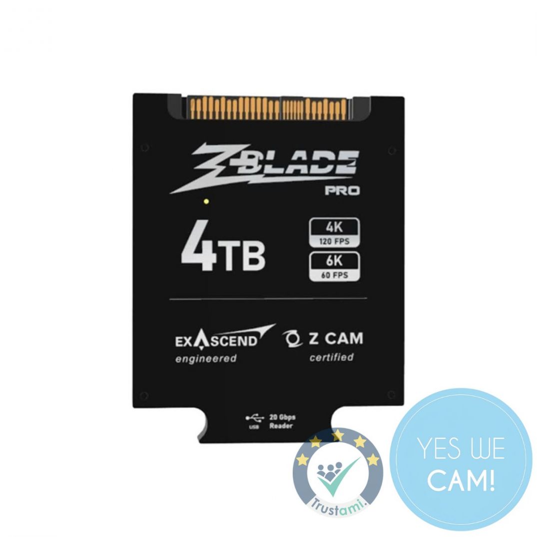 Exascend ZBlade 4TB Pro tragbare SSD, Frontansicht mit 4TB Kennzeichnung, Z CAM zertifiziert, geeignet für 6K 60fps und 4K 120fps Aufnahmen