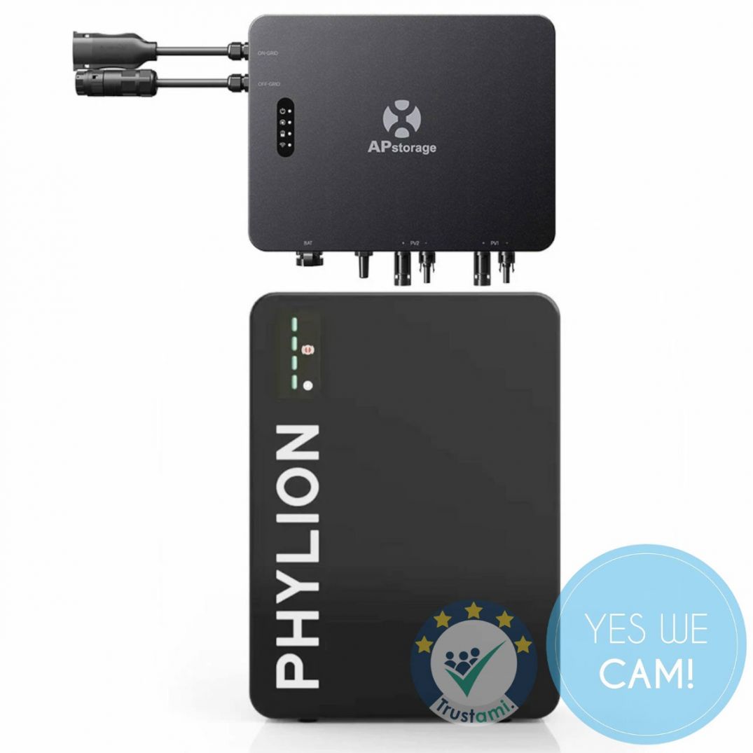 APSystems EZHI Hybridwechselrichter mit Phylion Speicher an Wand montiert