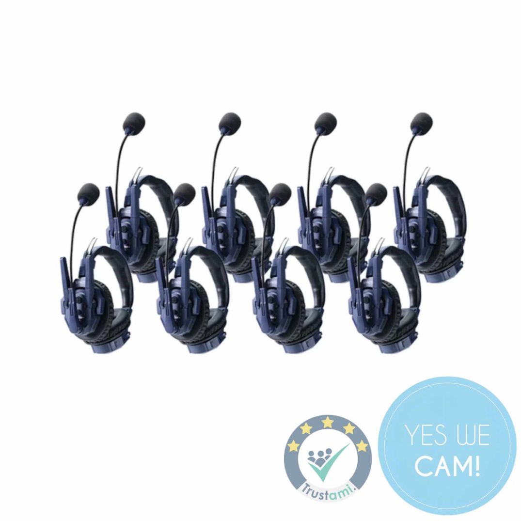 SYNCO 8 units Xtalk Master Headset Intercom - Dual Ear Vorderansicht der acht Dual-Ear Intercom-Headsets.