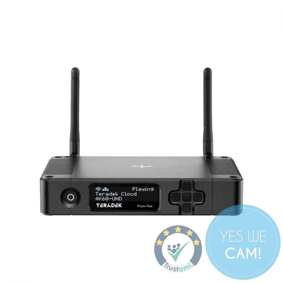 Teradek Prism Flex Mk II Decoder in schräger Frontansicht mit zwei WLAN-Antennen, OLED-Display und Bedientasten