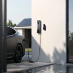 Anker V1 Smart EV Charger 7,4 kW Kabelversion an Außenwand installiert, angeschlossen an ein Elektroauto.