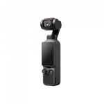 DJI Osmo Pocket 4 in seitlicher Ansicht mit kompakter Kamera und mechanischem 3-Achsen-Gimbal