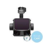 DJI Zenmuse L3 in Frontansicht mit LiDAR Sensor, zwei Kameraobjektiven und Gimbalhalterung.