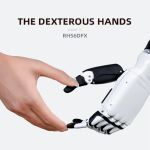 Bemaßte technische Zeichnung der linken und rechten Inspire Robots RH56DFX Roboterhand in Vorder-, Seiten-, Rück- und Unteransicht.