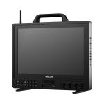 SmallHD OLED 16 Produktionsmonitor mit ausgeschaltetem OLED-Display, Bedienfeld, Drehreglern, Standfüßen und Tragegriff