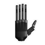 Unitree Dex5-1 Hand rechts in Frontansicht mit vier ausgestreckten Fingern und seitlich positioniertem Daumen auf schwarzem Hintergrund