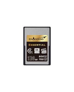 Exascend Essential 120GB CFexpress Type A Karte für professionelle 4K- und 8K-Videoaufnahmen mit Leistungsangaben 800 MB/s Read und 700 MB/s Write auf dem Label.