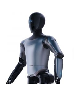 Magicbot humanoider Roboter mit grauem Hightech-Design und schwarzem Displaygesicht, Studioaufnahme