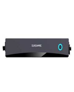 Sunshare Hybrid Inverter als schwarzer Glory Hybrid Wechselrichter in flacher Bauform mit blau beleuchtetem Ring auf der rechten Seite, freigestellt vor hellem Hintergrund