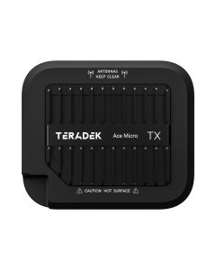 Teradek Ace Micro TX Videosender in der Vorderansicht mit Kühlrippen, Produktlogo