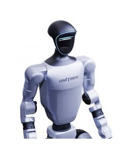 Humanoider Unitree G1 Base Roboter mit schlanker silberner Konstruktion, blauem LED-Gesichtspanel und artikulierten Armsegmenten, dargestellt vor weißem Hintergrund.