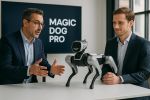 MagicDog Pro robotic dog on table during business presentation with two men in suits
