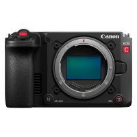 Rückseite der Canon EOS C50 mit Anschlüssen und drehbarem LCD-Touchdisplay
